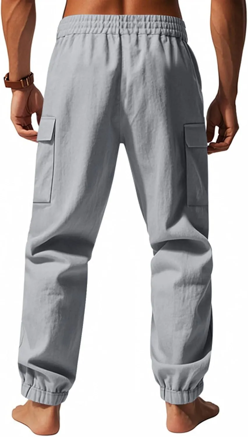 Finelylove Linen Cargo Pants for Men Relaxed Fit Elastic Waist Athletic Workout Pants Summer Casual Yoga Travel Joggers