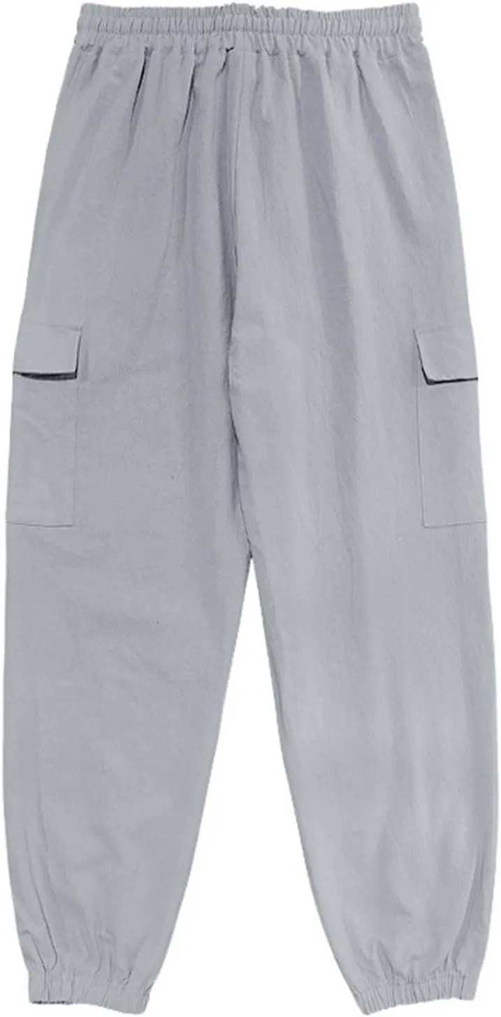 Finelylove Linen Cargo Pants for Men Relaxed Fit Elastic Waist Athletic Workout Pants Summer Casual Yoga Travel Joggers