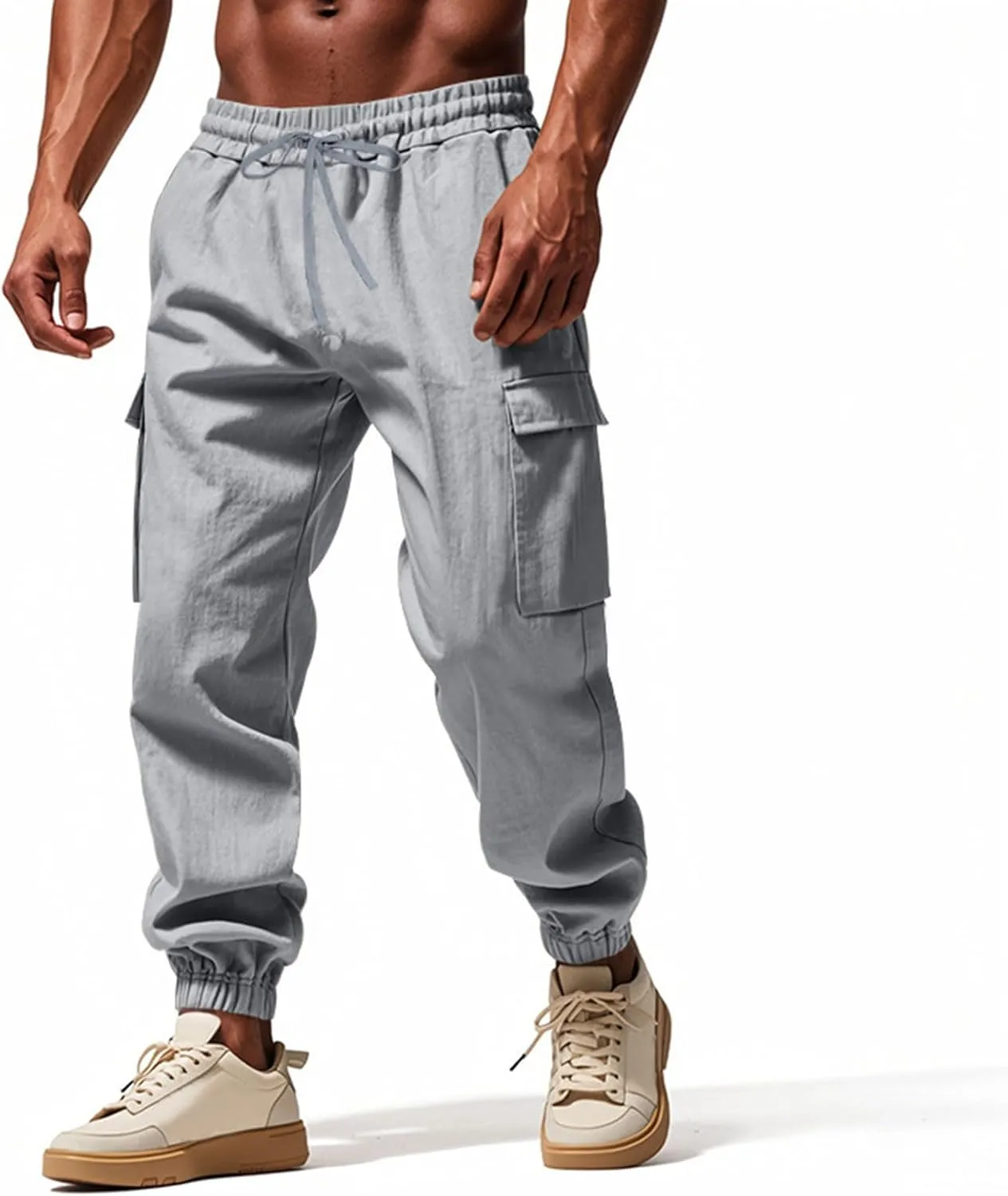 Finelylove Linen Cargo Pants for Men Relaxed Fit Elastic Waist Athletic Workout Pants Summer Casual Yoga Travel Joggers