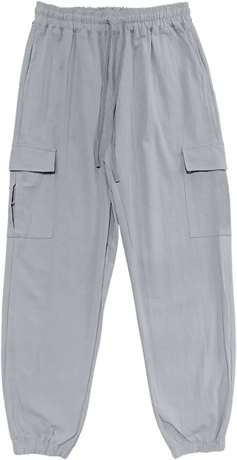 Finelylove Linen Cargo Pants for Men Relaxed Fit Elastic Waist Athletic Workout Pants Summer Casual Yoga Travel Joggers