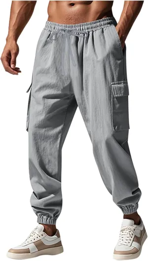 Finelylove Linen Cargo Pants for Men Relaxed Fit Elastic Waist Athletic Workout Pants Summer Casual Yoga Travel Joggers