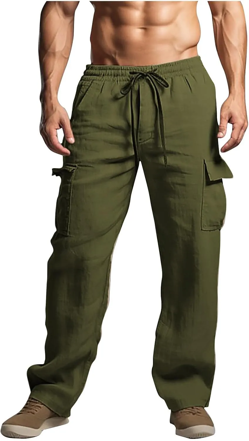 Finelylove Linen Cargo Pants for Men Summer Casual Relaxed Fit Elastic Waist Vacation Beach Pants Yoga Travel Lounge Trouses