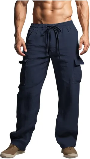 Finelylove Linen Cargo Pants for Men Summer Casual Relaxed Fit Elastic Waist Vacation Beach Pants Yoga Travel Lounge Trouses