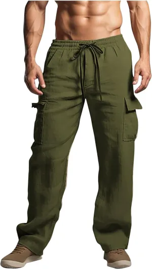 Finelylove Linen Cargo Pants for Men Summer Casual Relaxed Fit Elastic Waist Vacation Beach Pants Yoga Travel Lounge Trouses