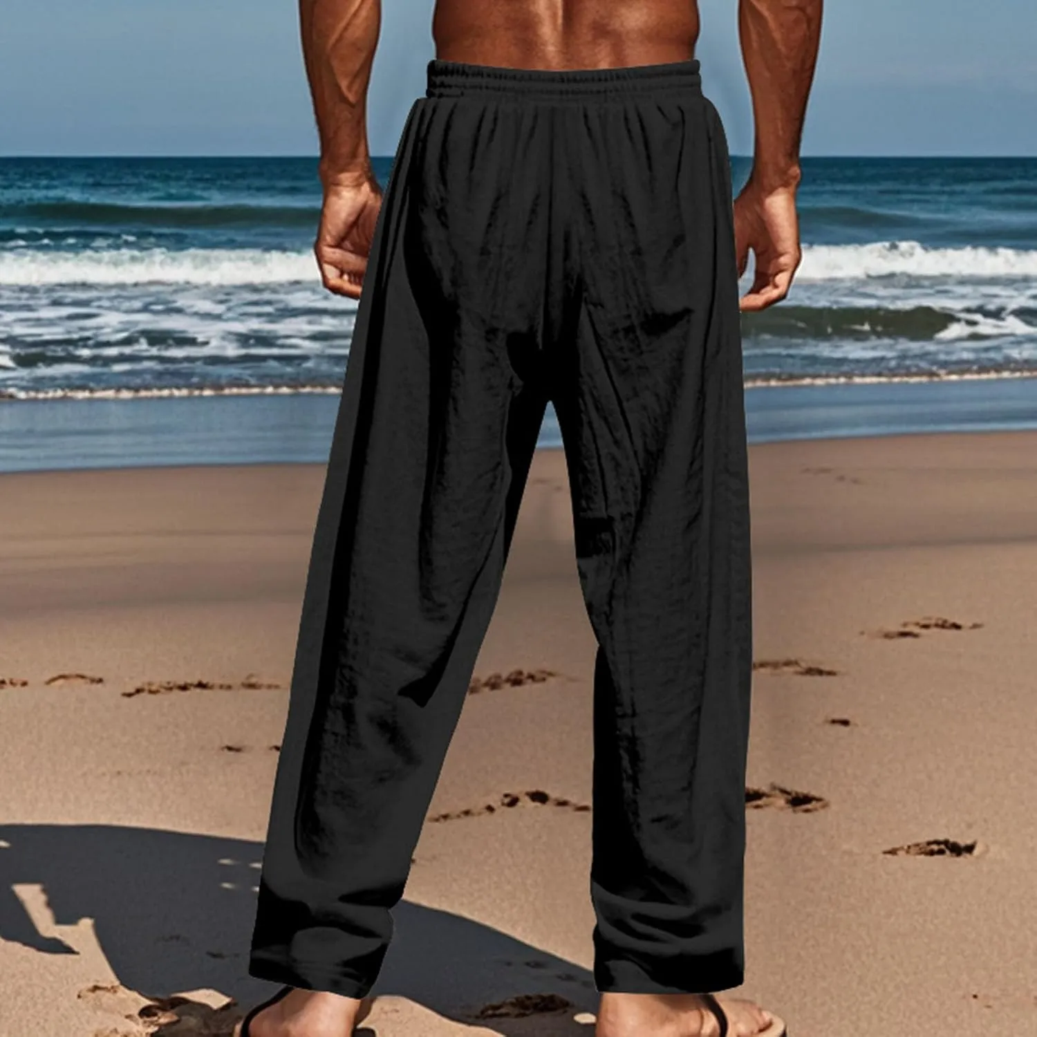 Finelylove Mens Casual Summer Linen Pants Relaxed Fit Button Beach Pants Elastic Waist Drawstring Long Lounge Yoga Trousers