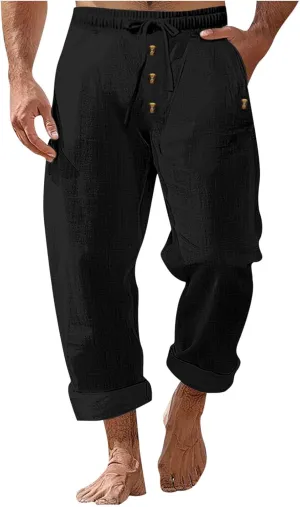 Finelylove Mens Casual Summer Linen Pants Relaxed Fit Button Beach Pants Elastic Waist Drawstring Long Lounge Yoga Trousers