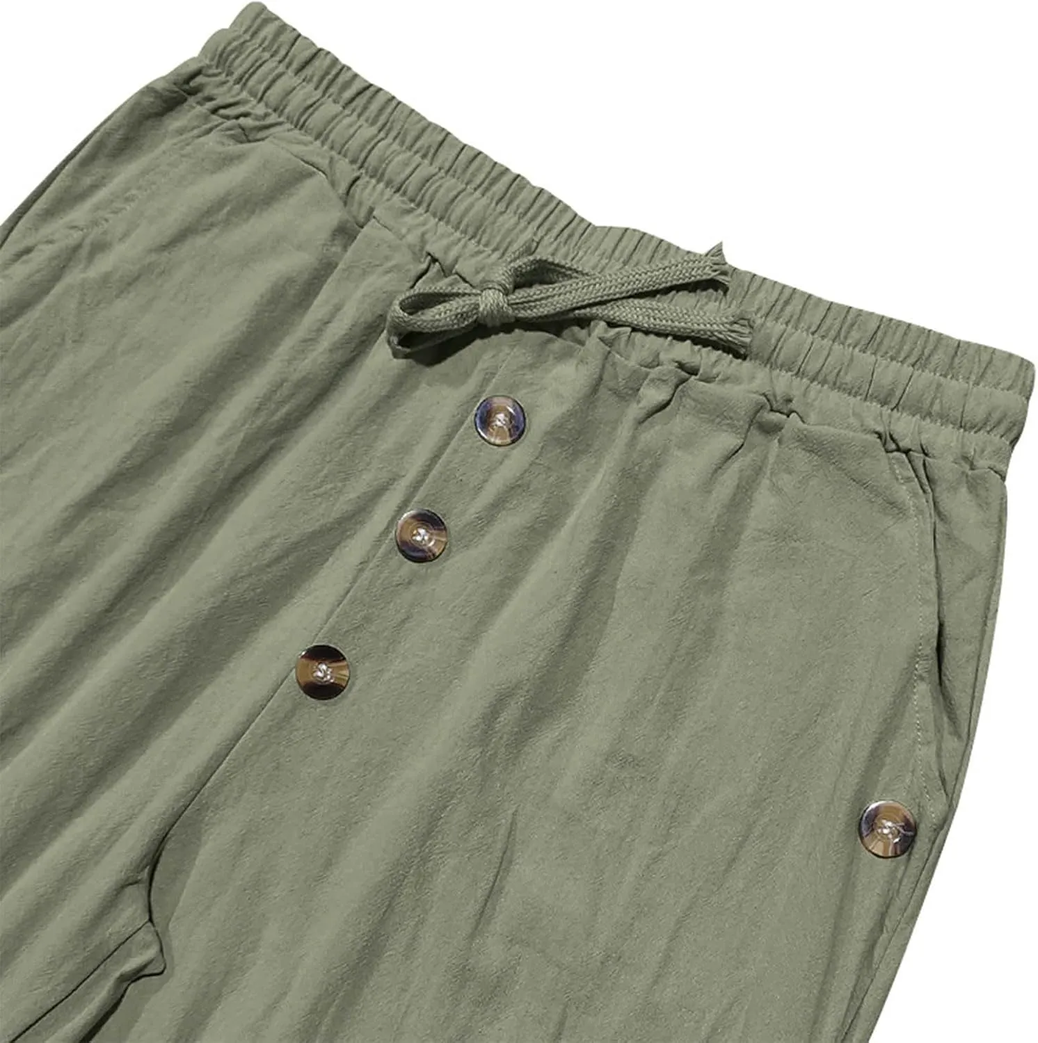 Finelylove Mens Casual Summer Linen Pants Relaxed Fit Button Beach Pants Elastic Waist Drawstring Long Lounge Yoga Trousers