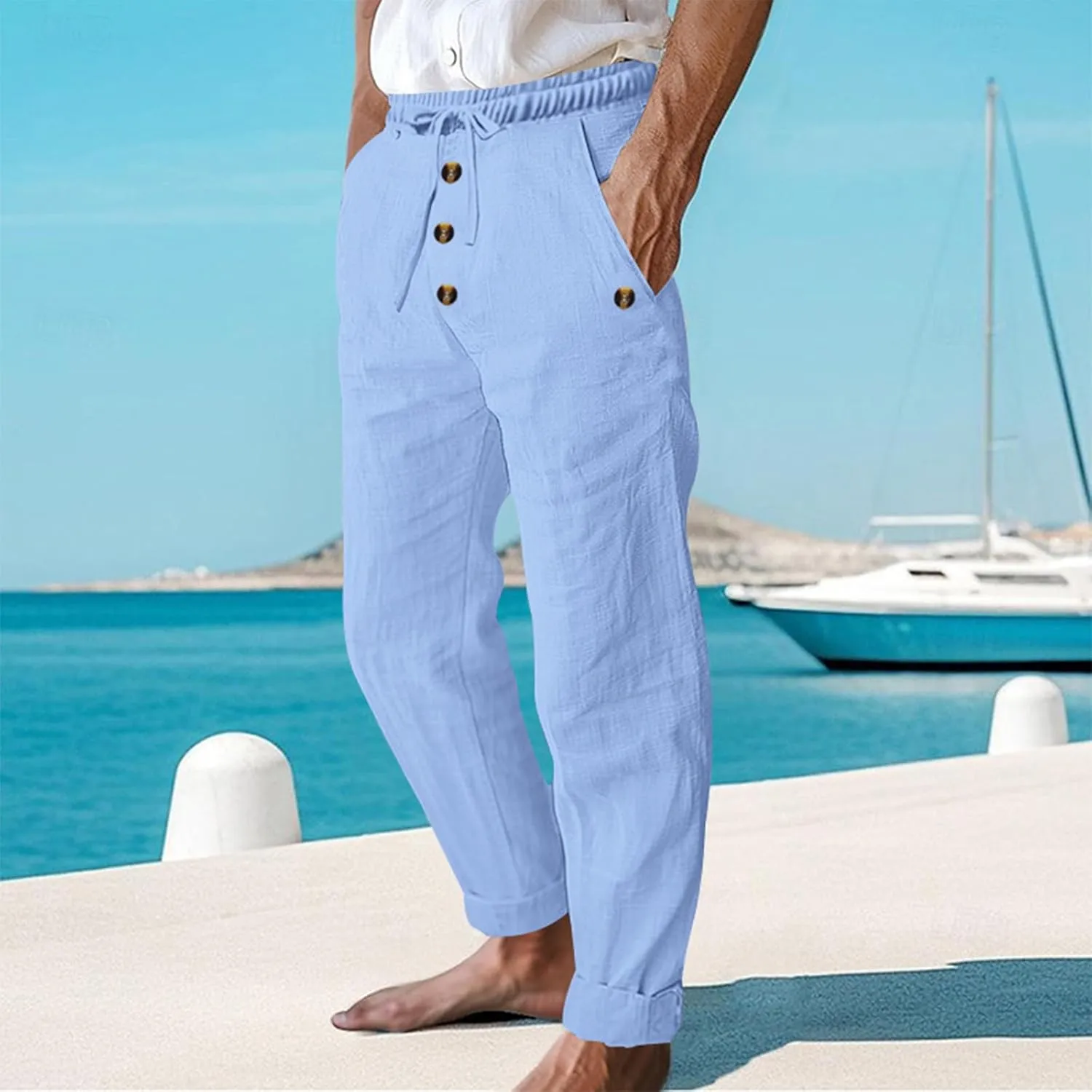Finelylove Mens Casual Summer Linen Pants Relaxed Fit Button Beach Pants Elastic Waist Drawstring Long Lounge Yoga Trousers