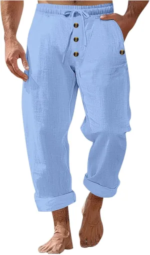 Finelylove Mens Casual Summer Linen Pants Relaxed Fit Button Beach Pants Elastic Waist Drawstring Long Lounge Yoga Trousers
