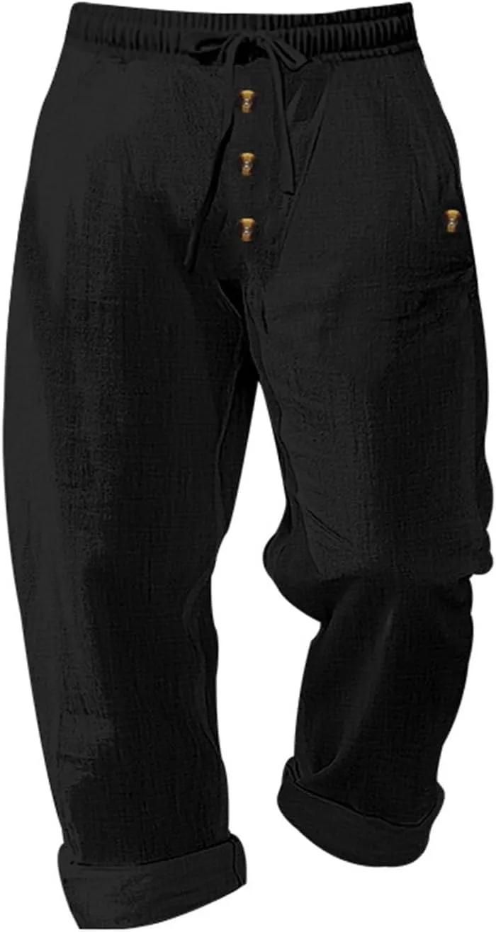 Finelylove Mens Casual Summer Linen Pants Relaxed Fit Button Beach Pants Elastic Waist Drawstring Long Lounge Yoga Trousers