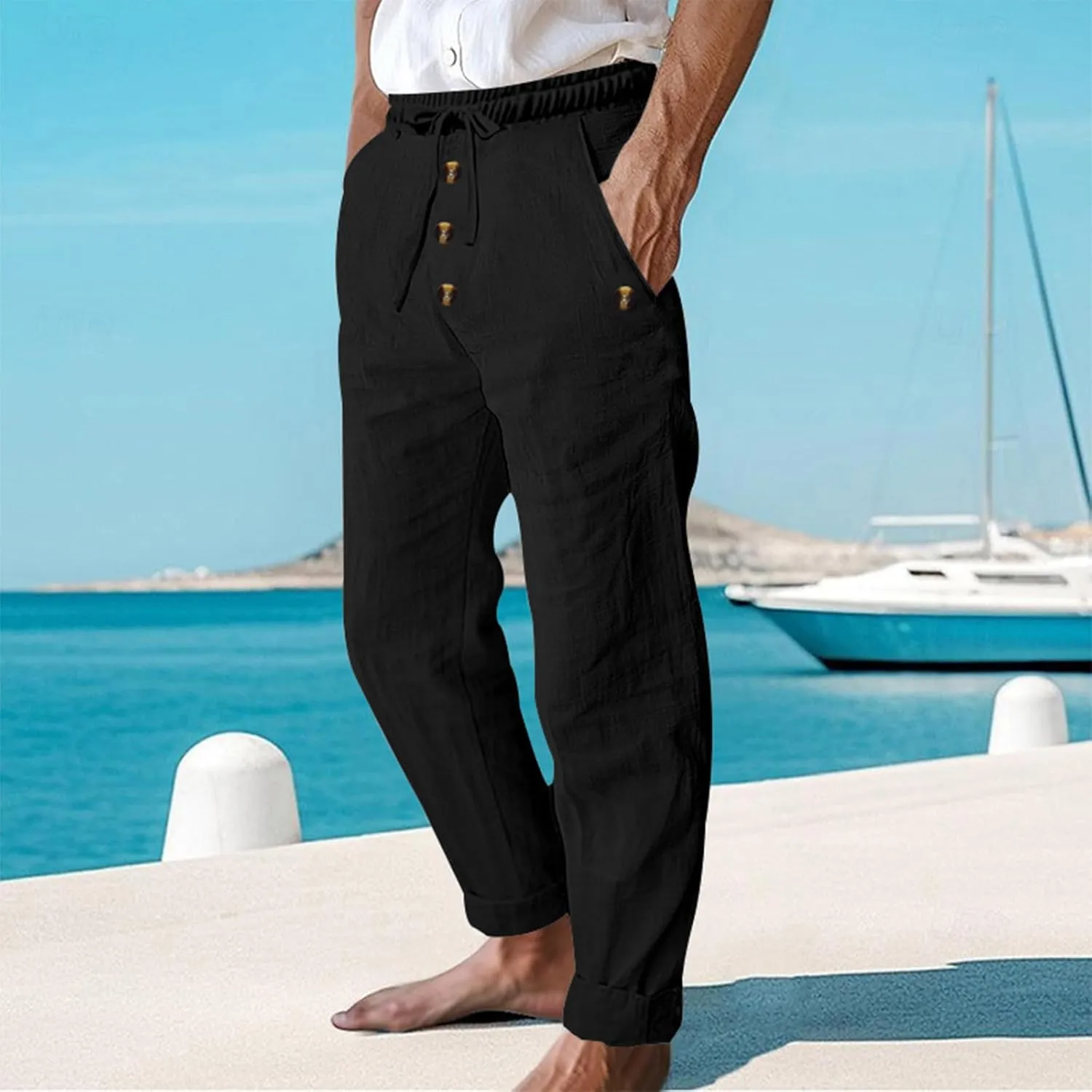 Finelylove Mens Casual Summer Linen Pants Relaxed Fit Button Beach Pants Elastic Waist Drawstring Long Lounge Yoga Trousers