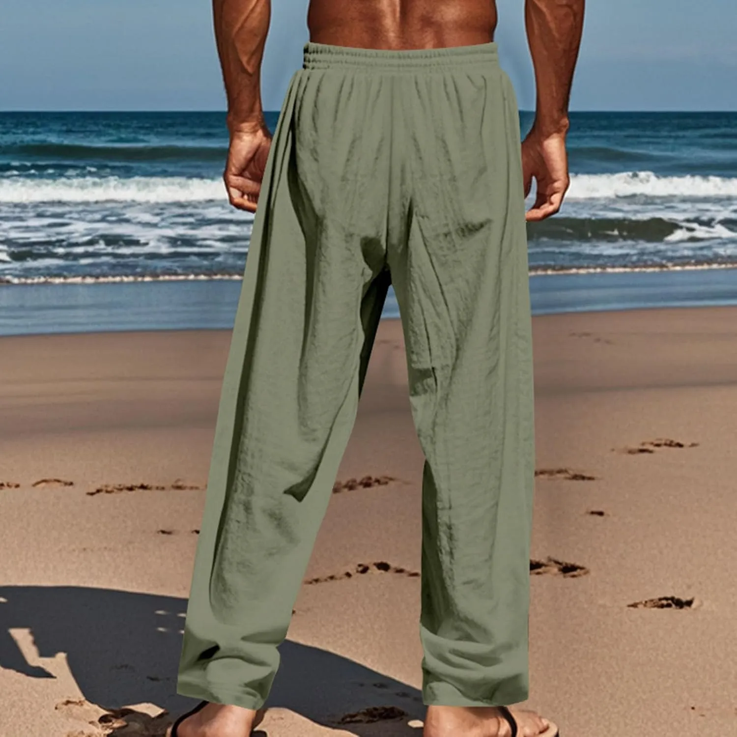 Finelylove Mens Casual Summer Linen Pants Relaxed Fit Button Beach Pants Elastic Waist Drawstring Long Lounge Yoga Trousers