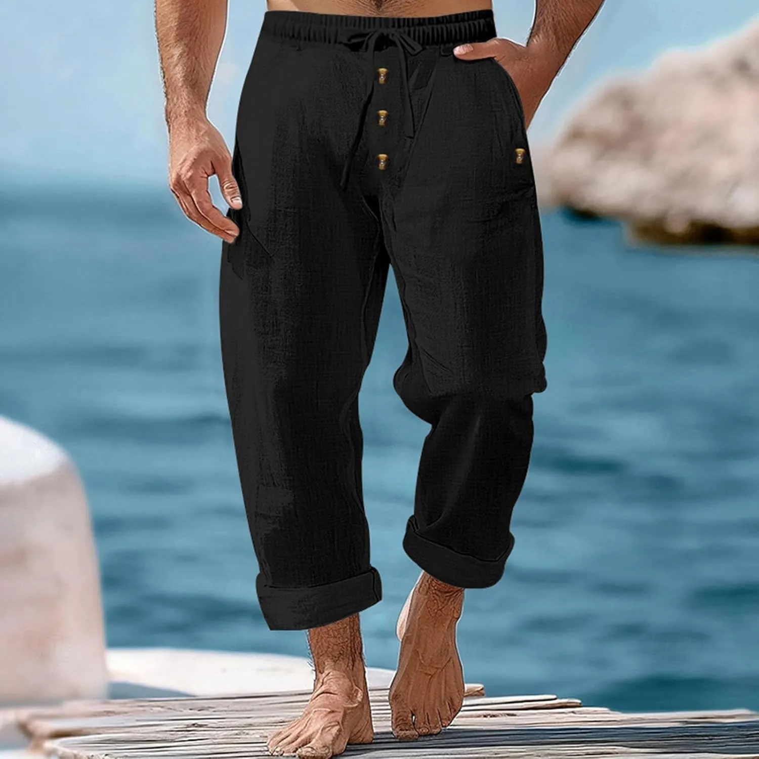 Finelylove Mens Casual Summer Linen Pants Relaxed Fit Button Beach Pants Elastic Waist Drawstring Long Lounge Yoga Trousers