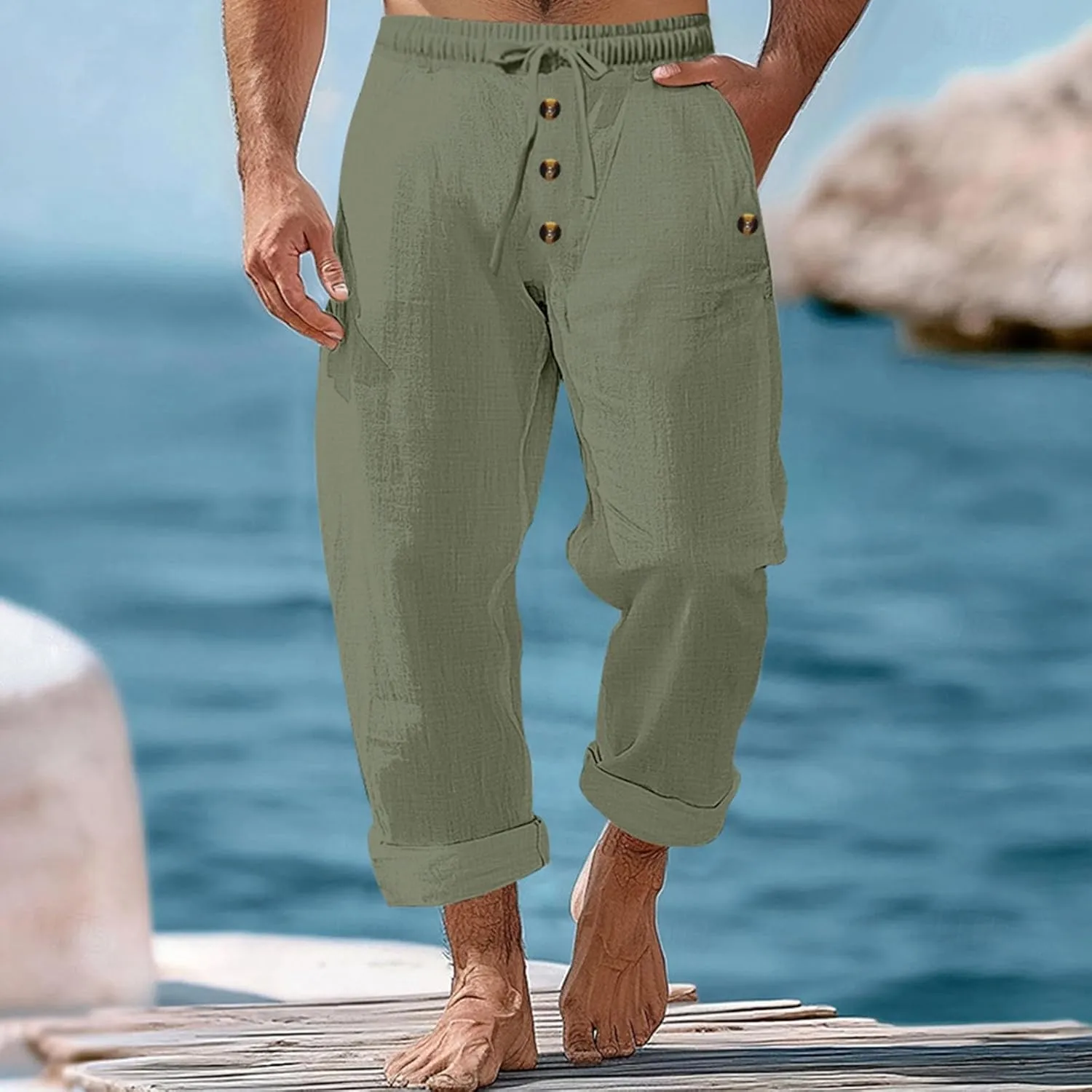 Finelylove Mens Casual Summer Linen Pants Relaxed Fit Button Beach Pants Elastic Waist Drawstring Long Lounge Yoga Trousers