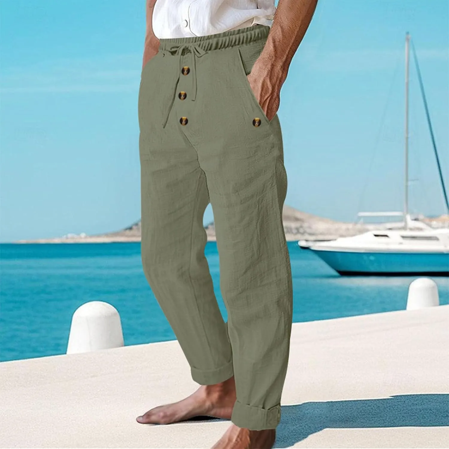 Finelylove Mens Casual Summer Linen Pants Relaxed Fit Button Beach Pants Elastic Waist Drawstring Long Lounge Yoga Trousers