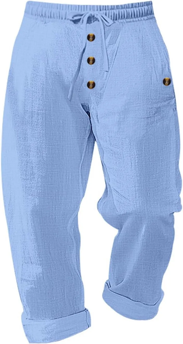 Finelylove Mens Casual Summer Linen Pants Relaxed Fit Button Beach Pants Elastic Waist Drawstring Long Lounge Yoga Trousers
