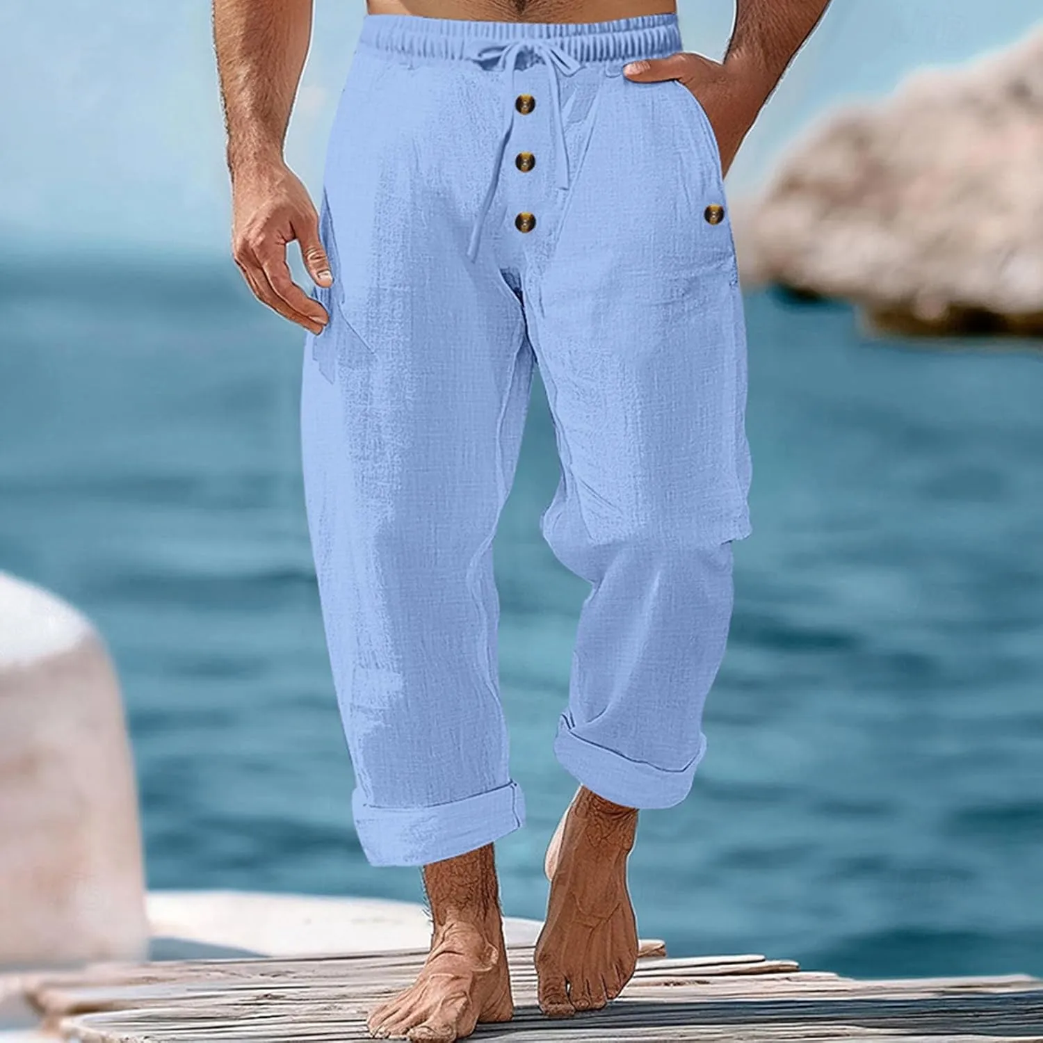 Finelylove Mens Casual Summer Linen Pants Relaxed Fit Button Beach Pants Elastic Waist Drawstring Long Lounge Yoga Trousers