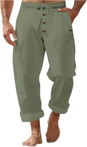 Finelylove Mens Casual Summer Linen Pants Relaxed Fit Button Beach Pants Elastic Waist Drawstring Long Lounge Yoga Trousers