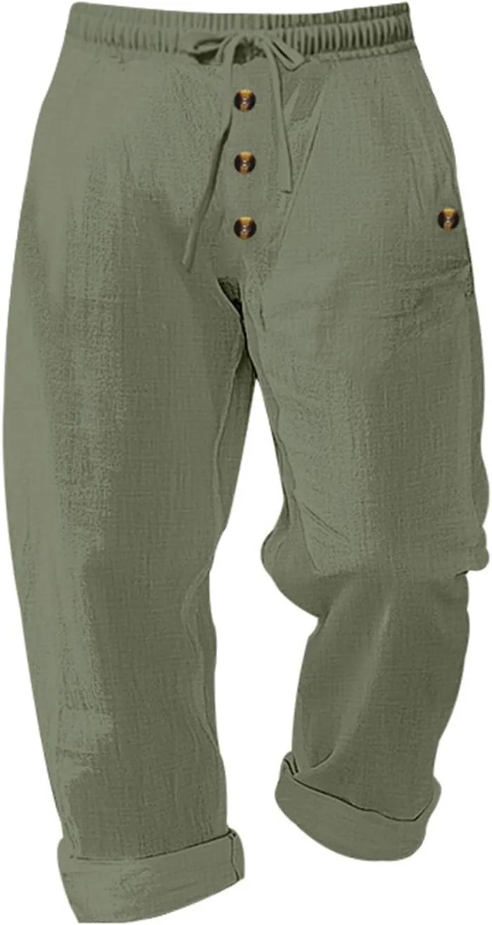 Finelylove Mens Casual Summer Linen Pants Relaxed Fit Button Beach Pants Elastic Waist Drawstring Long Lounge Yoga Trousers