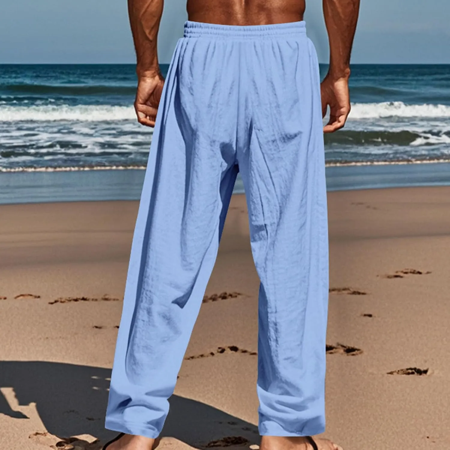 Finelylove Mens Casual Summer Linen Pants Relaxed Fit Button Beach Pants Elastic Waist Drawstring Long Lounge Yoga Trousers