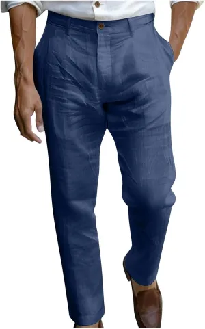 Finelylove Mens Dress Pants Relaxed Fit Casual Cotton Linen Pants Straight Leg Comfy Travel Beach Trousers Vacation Outfits