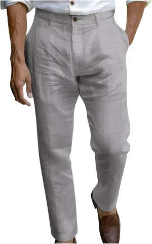 Finelylove Mens Dress Pants Relaxed Fit Casual Cotton Linen Pants Straight Leg Comfy Travel Beach Trousers Vacation Outfits