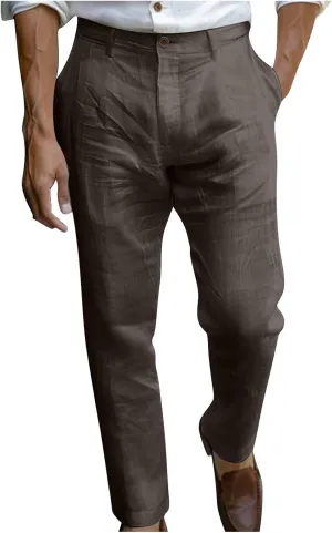 Finelylove Mens Dress Pants Relaxed Fit Casual Cotton Linen Pants Straight Leg Comfy Travel Beach Trousers Vacation Outfits