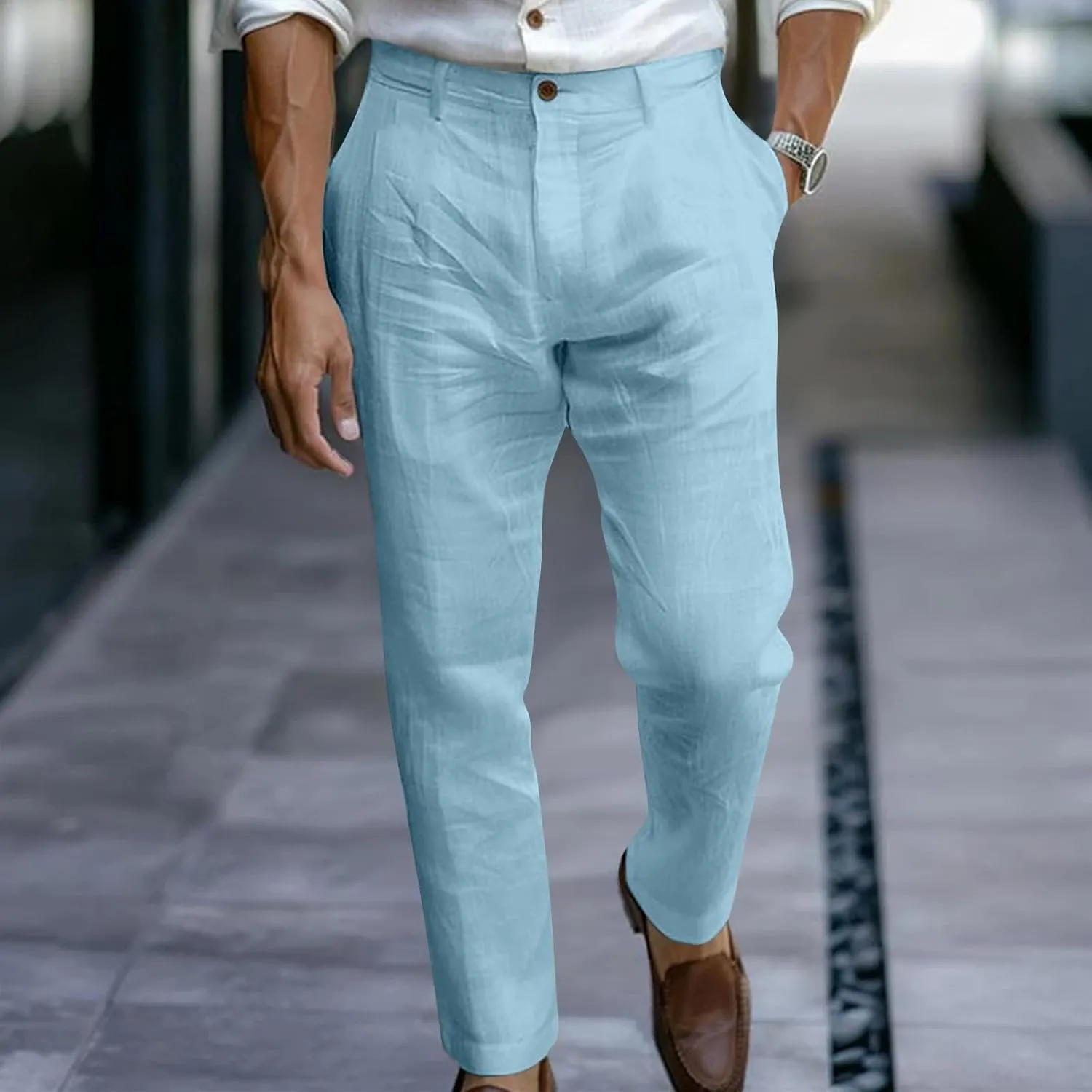 Finelylove Mens Dress Pants Relaxed Fit Casual Cotton Linen Pants Straight Leg Comfy Travel Beach Trousers Vacation Outfits