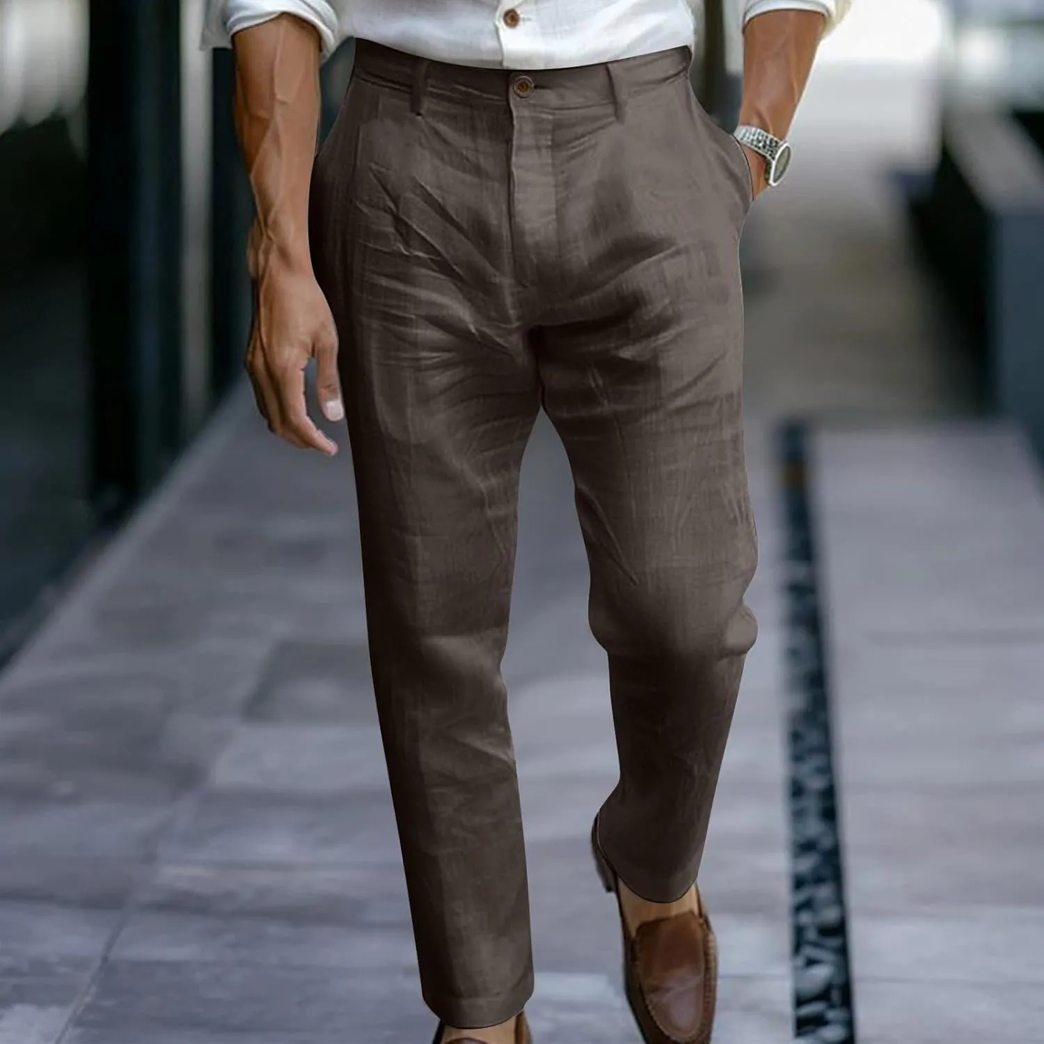 Finelylove Mens Dress Pants Relaxed Fit Casual Cotton Linen Pants Straight Leg Comfy Travel Beach Trousers Vacation Outfits