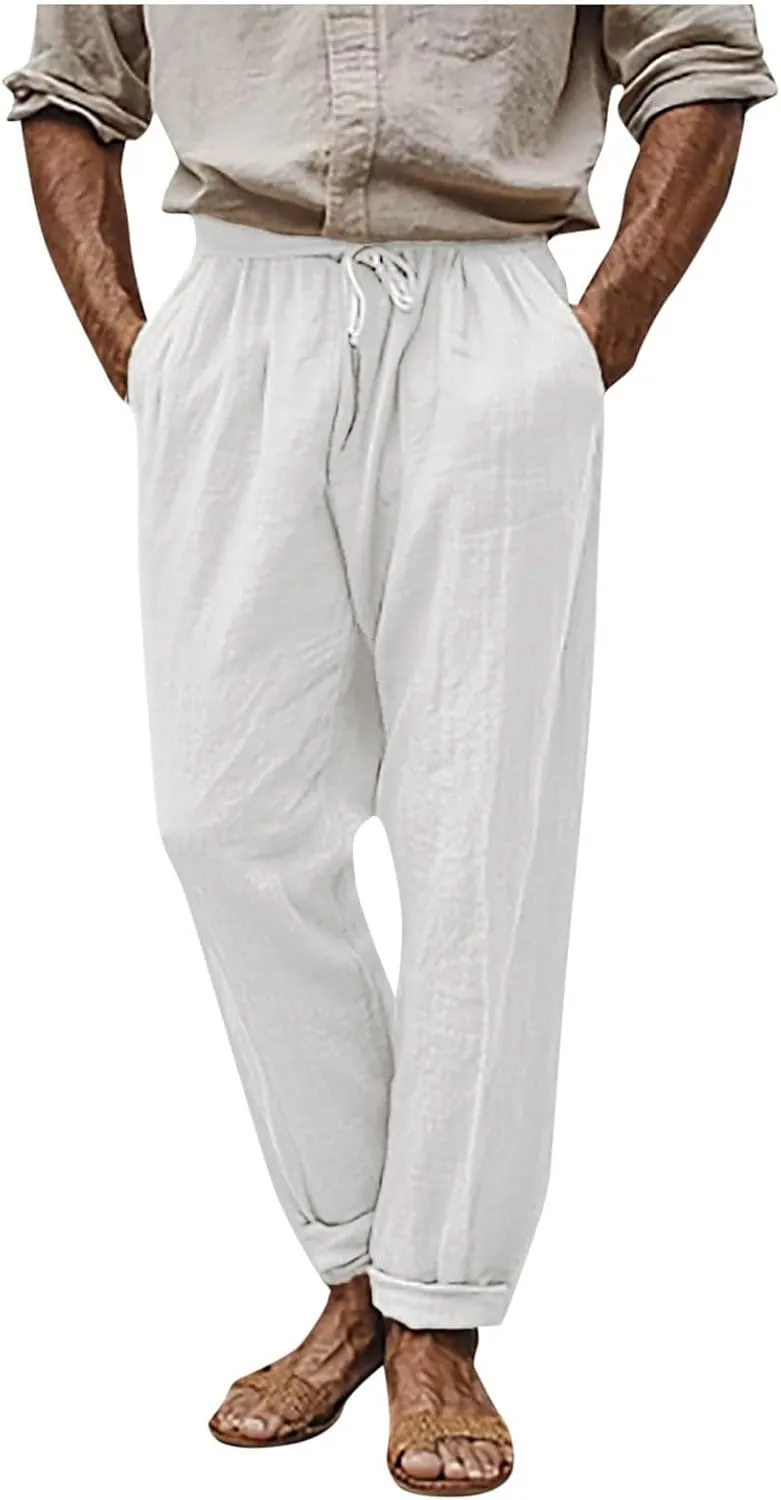 Finelylove Mens Linen Pants Summer Casual Relaxed Fit Lightweight Beach Pants Elastic Waist Straight Yoga Travel Trousers