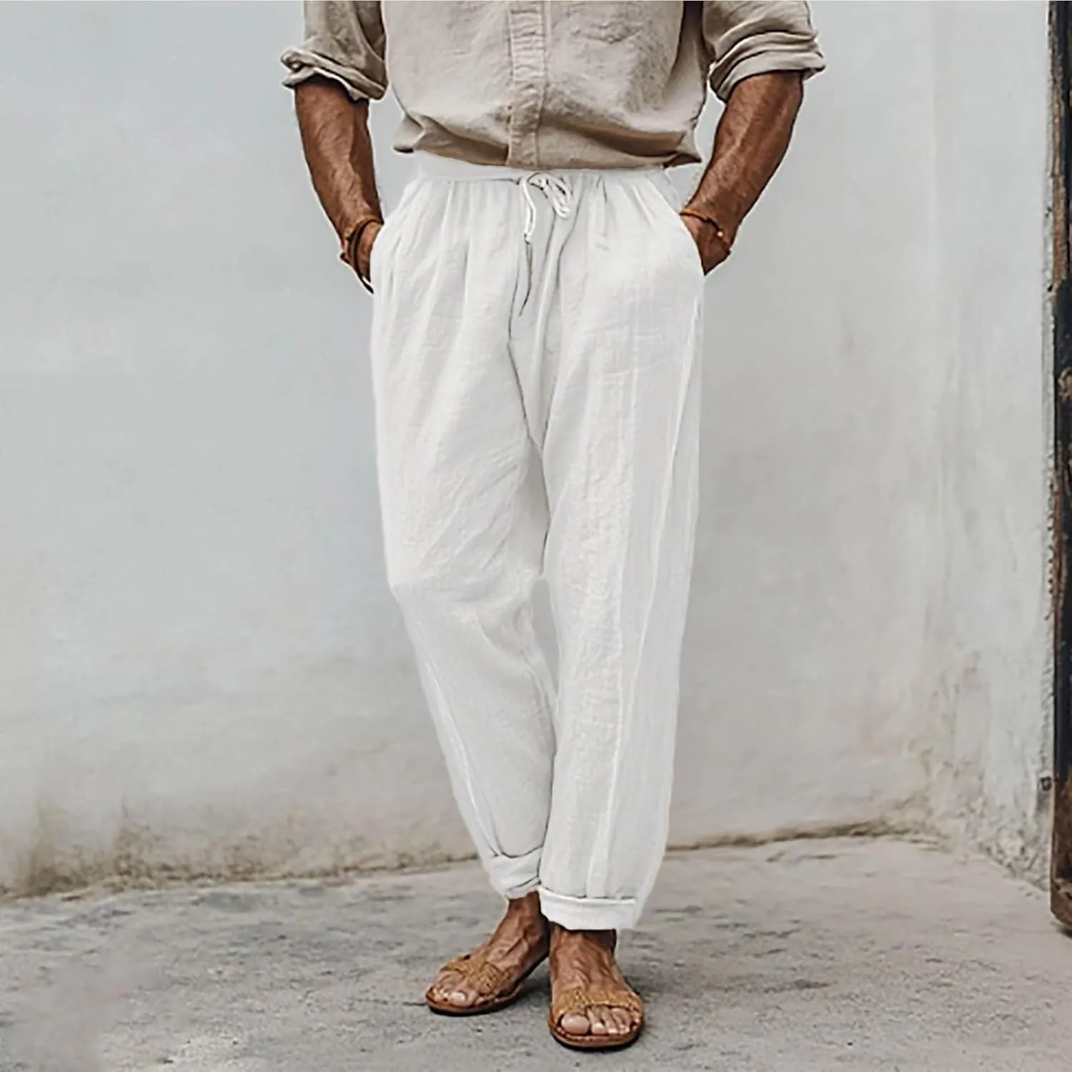 Finelylove Mens Linen Pants Summer Casual Relaxed Fit Lightweight Beach Pants Elastic Waist Straight Yoga Travel Trousers
