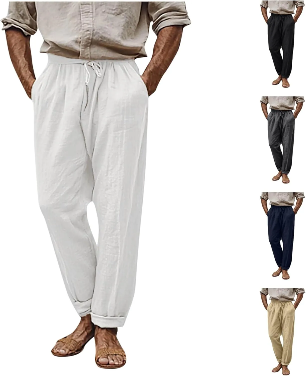 Finelylove Mens Linen Pants Summer Casual Relaxed Fit Lightweight Beach Pants Elastic Waist Straight Yoga Travel Trousers