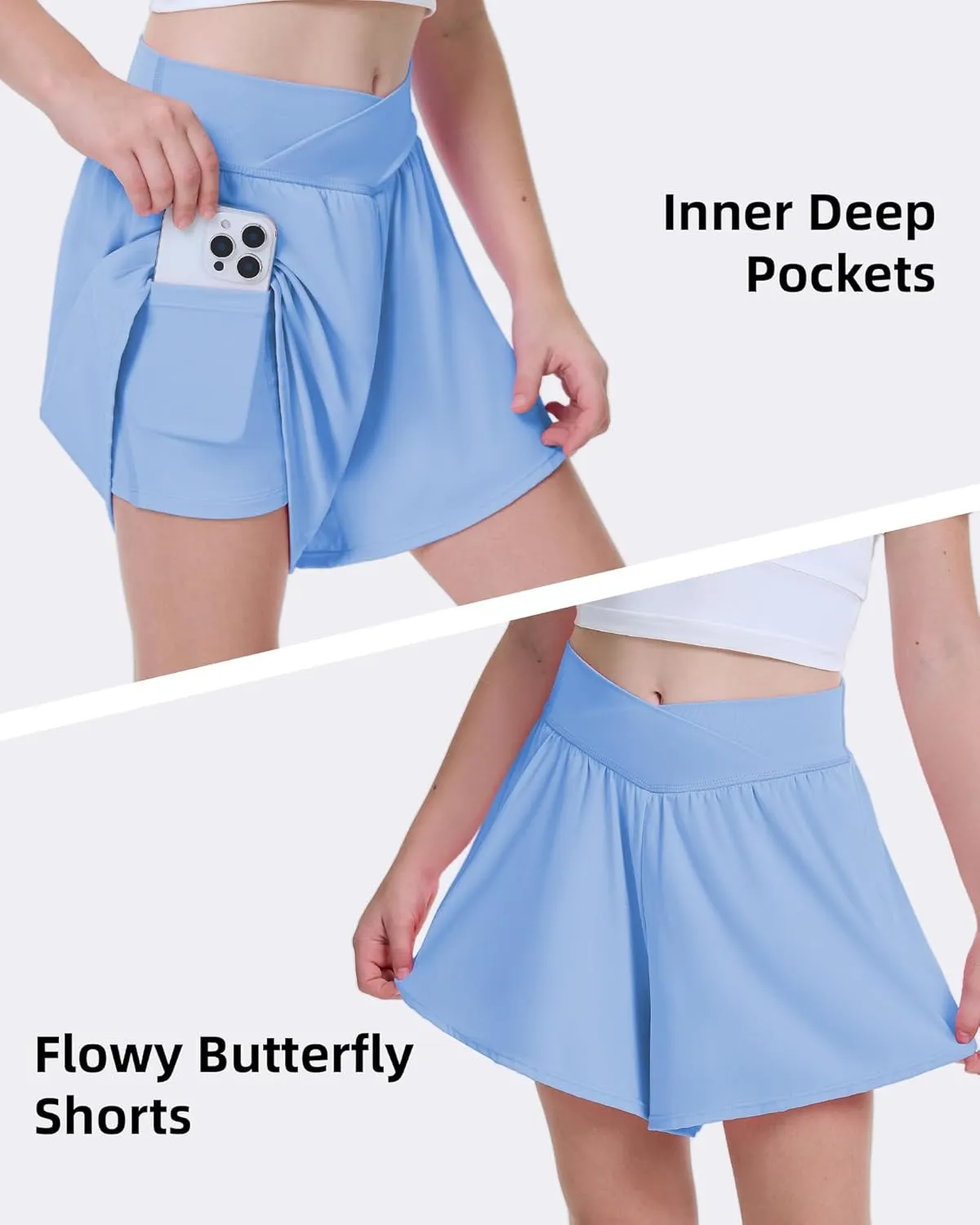 FireSwan Girls Butterfly Shorts Crossover Athletic Shorts with Pockets 2 in 1 Flowy Running Skorts for Teen, Girls, Youth