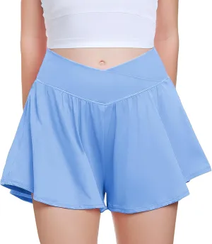 FireSwan Girls Butterfly Shorts Crossover Athletic Shorts with Pockets 2 in 1 Flowy Running Skorts for Teen, Girls, Youth