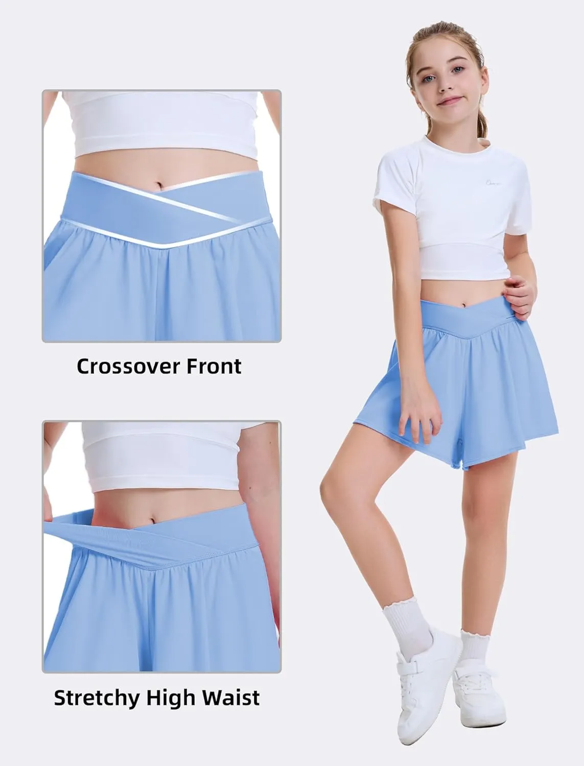 FireSwan Girls Butterfly Shorts Crossover Athletic Shorts with Pockets 2 in 1 Flowy Running Skorts for Teen, Girls, Youth
