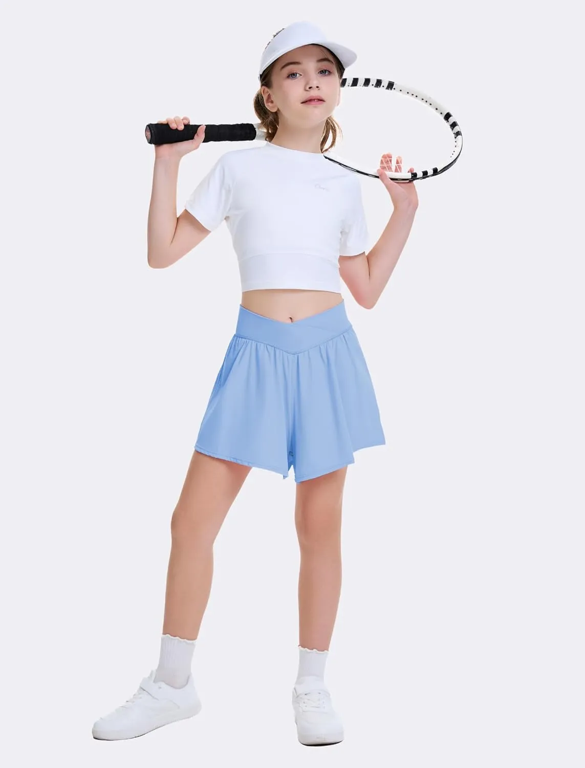 FireSwan Girls Butterfly Shorts Crossover Athletic Shorts with Pockets 2 in 1 Flowy Running Skorts for Teen, Girls, Youth