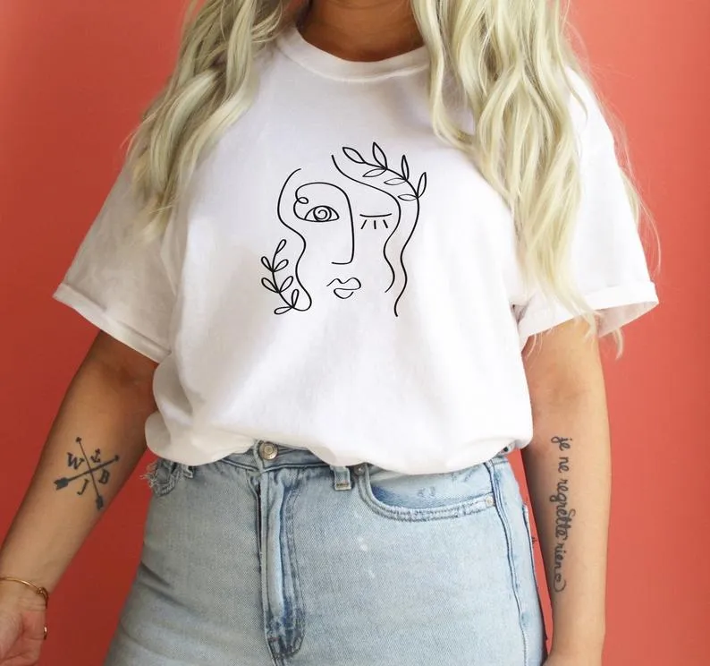 Floral Girl  Line Art- MINIMAL : Unisex Half-Sleeve T-Shirt
