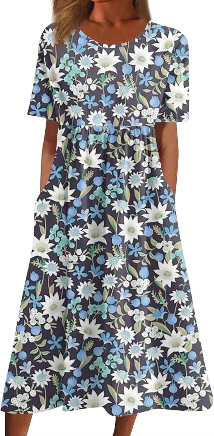 Floral Maxi Dress for Women Short Sleeve Casual Summer Dresses A Line Ruffle Beach Sundress Trendy Boho Clothes