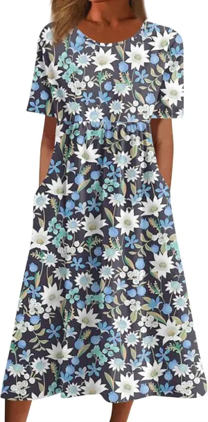 Floral Maxi Dress for Women Short Sleeve Casual Summer Dresses A Line Ruffle Beach Sundress Trendy Boho Clothes