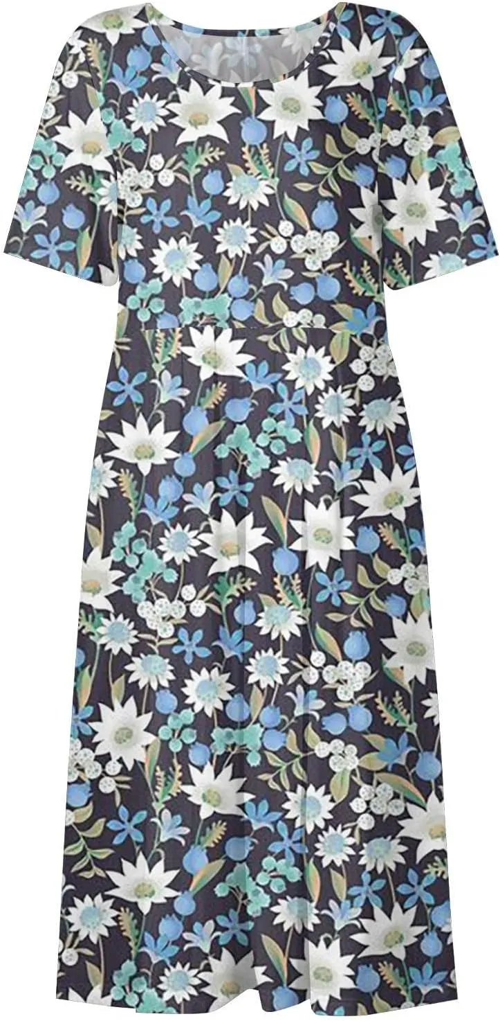 Floral Maxi Dress for Women Short Sleeve Casual Summer Dresses A Line Ruffle Beach Sundress Trendy Boho Clothes