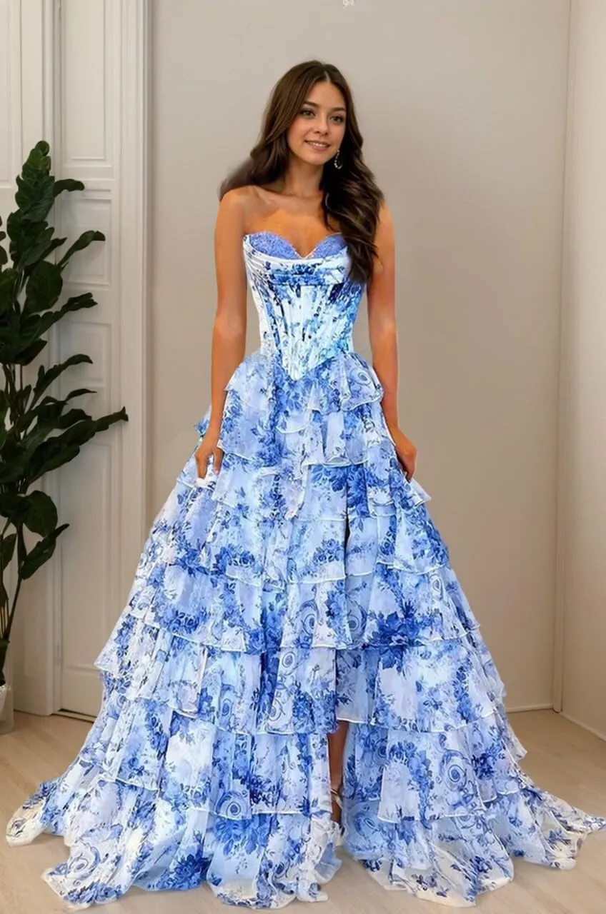 Floral Print Prom Dresses for Women 2025 Strapless Tiered Chiffon Long Ball Gowns with Slit Ruffles Evening Dresses