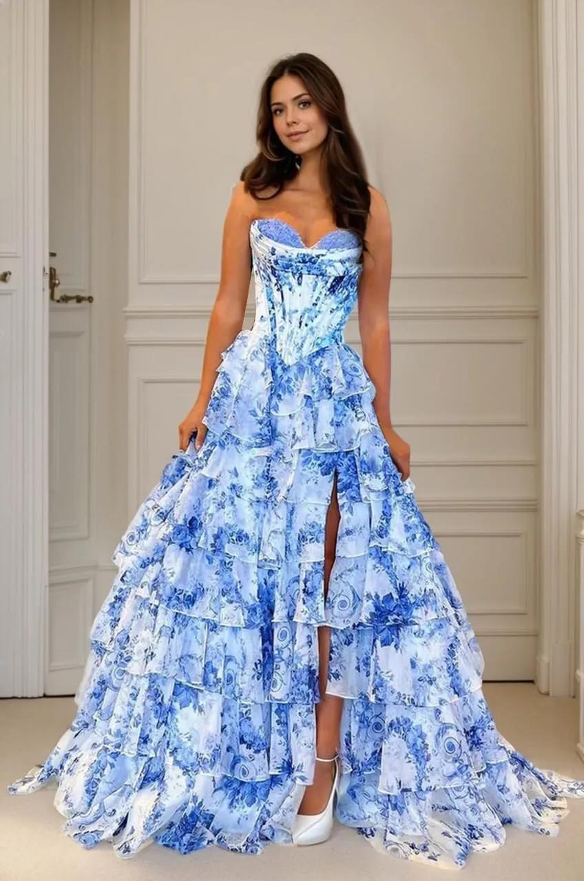 Floral Print Prom Dresses for Women 2025 Strapless Tiered Chiffon Long Ball Gowns with Slit Ruffles Evening Dresses