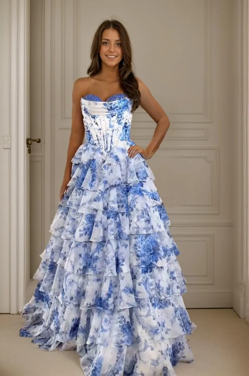 Floral Print Prom Dresses for Women 2025 Strapless Tiered Chiffon Long Ball Gowns with Slit Ruffles Evening Dresses