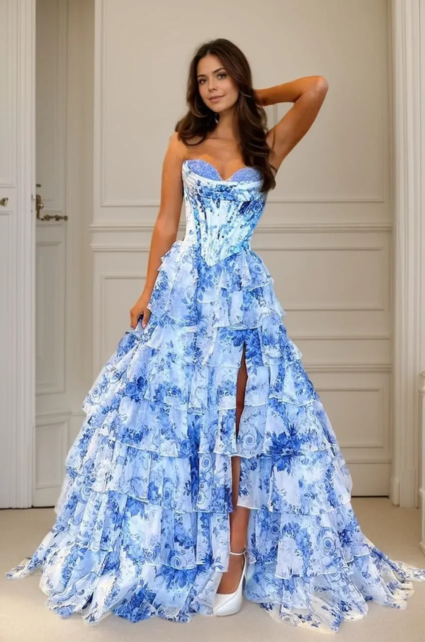 Floral Print Prom Dresses for Women 2025 Strapless Tiered Chiffon Long Ball Gowns with Slit Ruffles Evening Dresses
