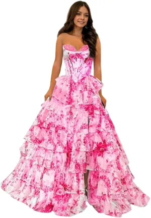Floral Print Prom Dresses for Women 2025 Strapless Tiered Chiffon Long Ball Gowns with Slit Ruffles Evening Dresses