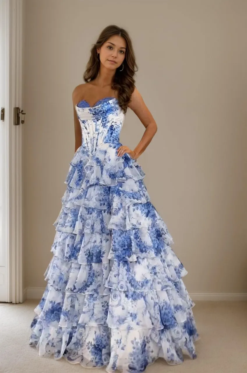 Floral Print Prom Dresses for Women 2025 Strapless Tiered Chiffon Long Ball Gowns with Slit Ruffles Evening Dresses