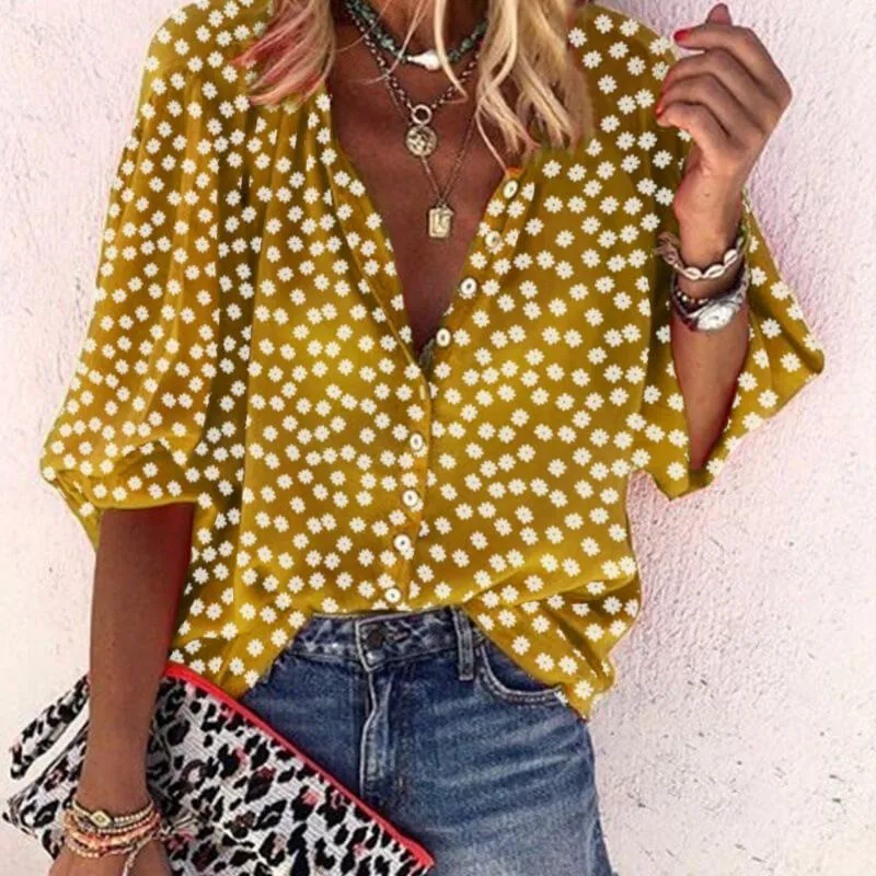 Floral Print V-neck Loose T-shirt