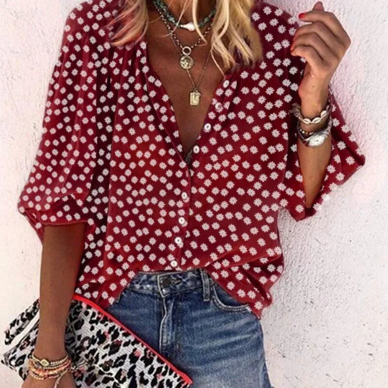 Floral Print V-neck Loose T-shirt