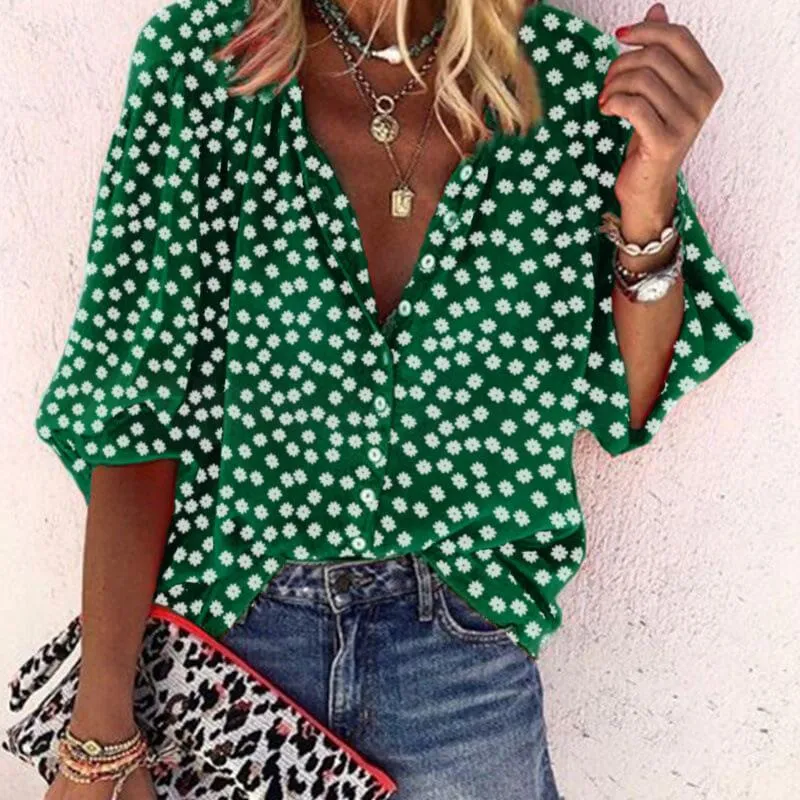 Floral Print V-neck Loose T-shirt