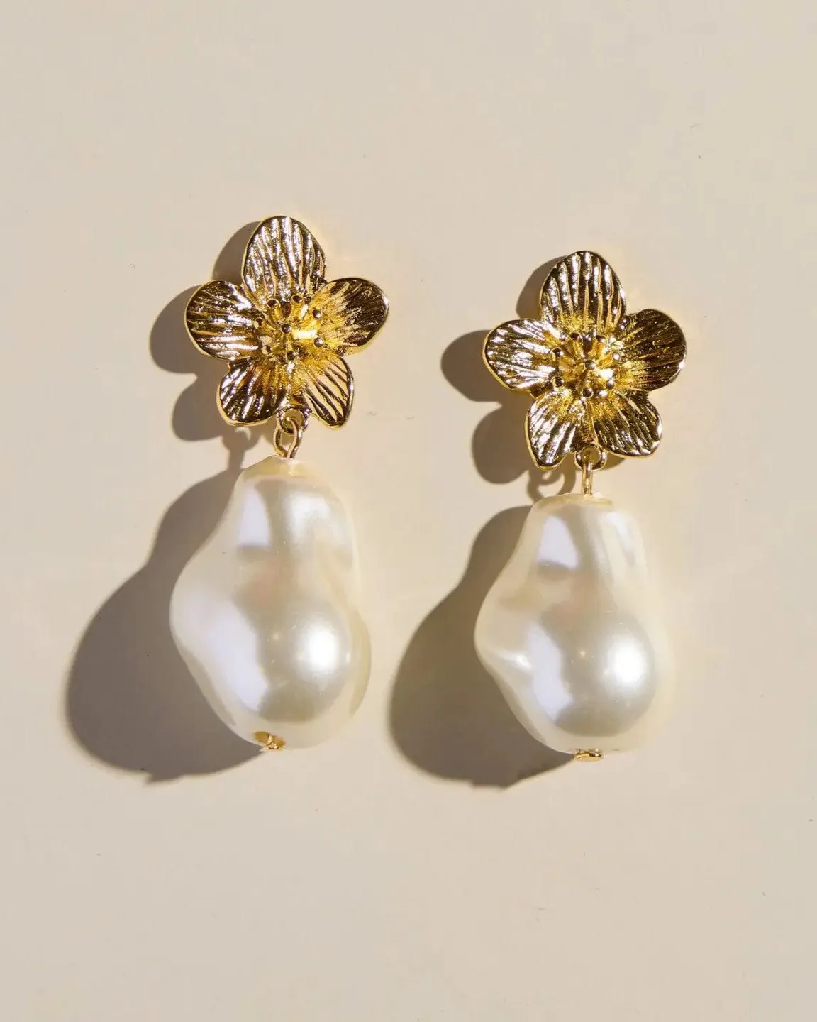 Flower and Pearl Statement Drop Studs - Gold